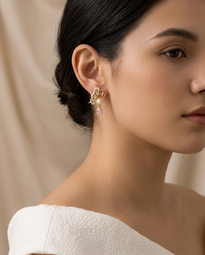 Pink Teardrop Pearl Fan Earrings